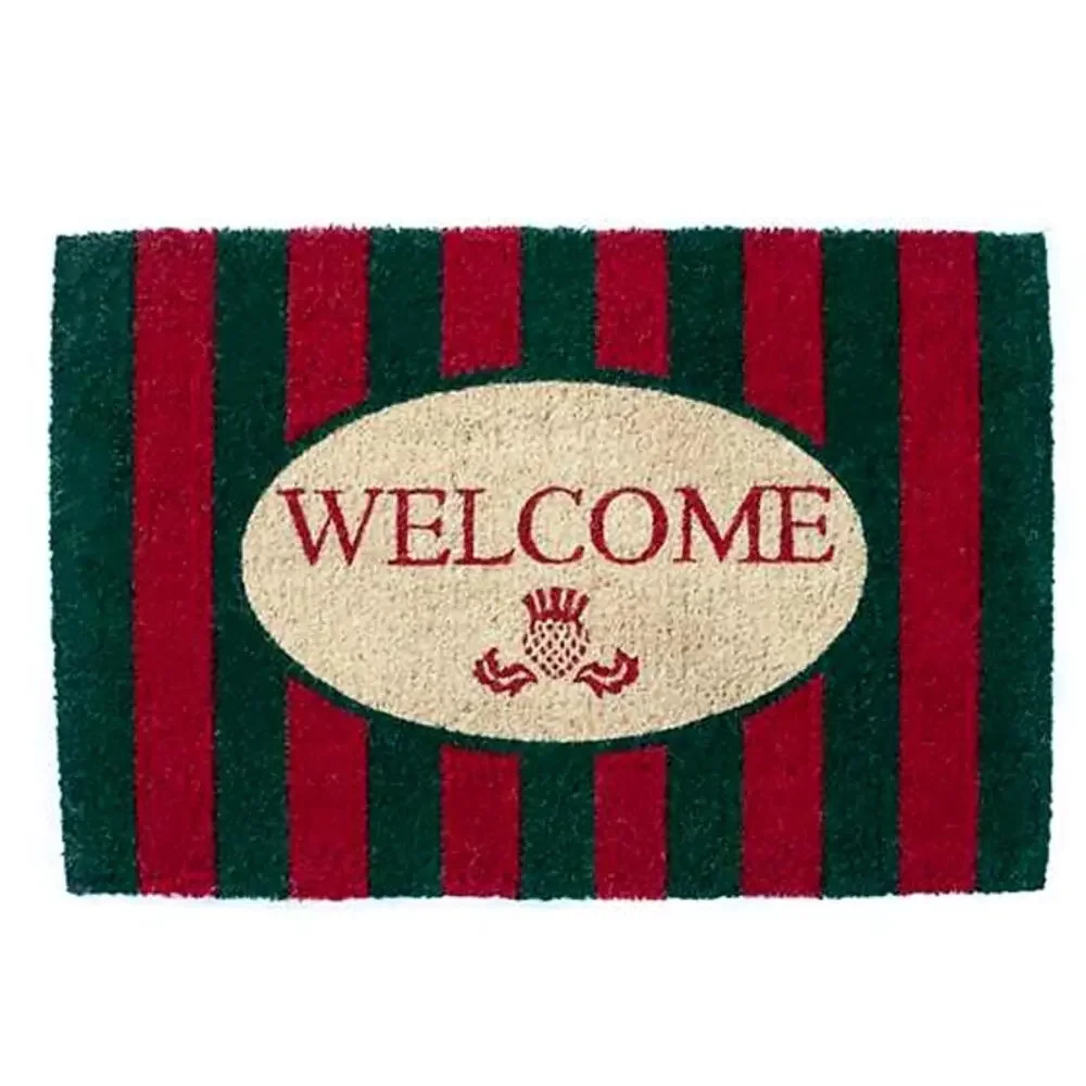 Mackenzie Childs Welcome Entrance Mat 2x3 Holiday Awning Stripe Red & Green New